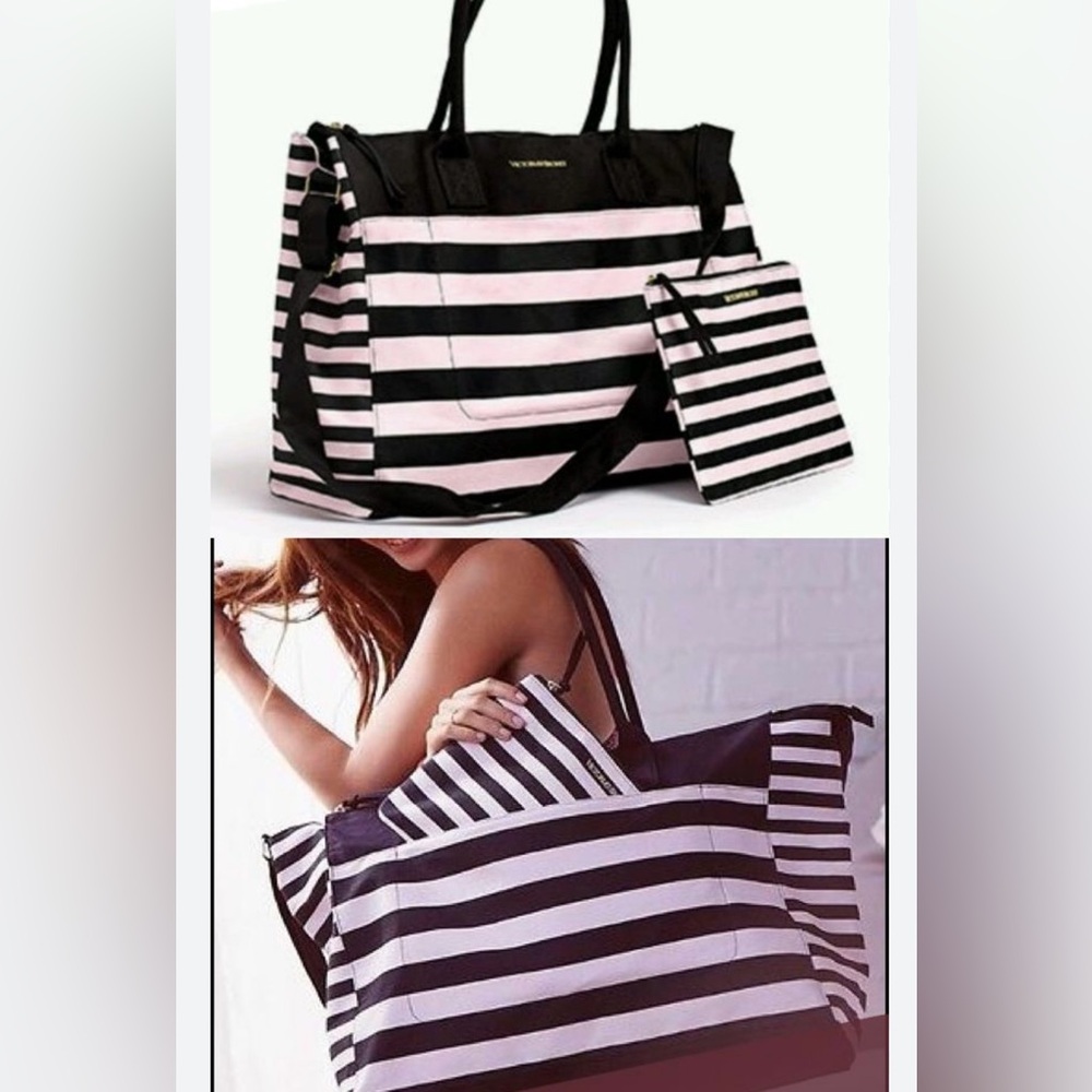 Victoria's Secret Black and Pink Striped Tote Set